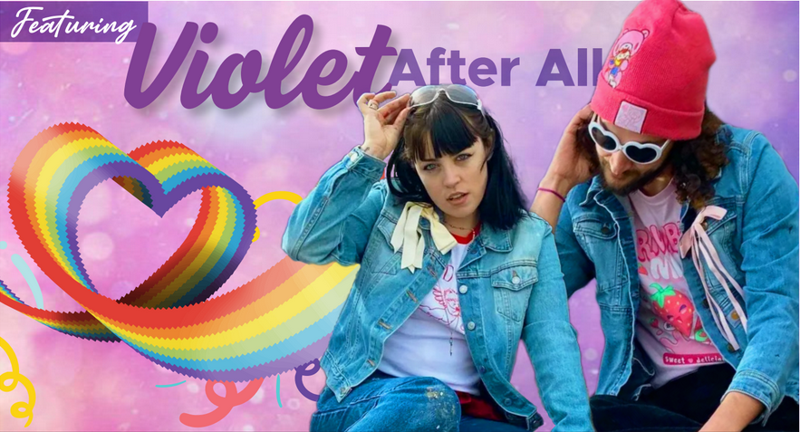 VAA Event Flyer An image of the main band members of "Violet After All", in front of the text "Featuring: Violet After All". One band member is wearing a jean jacket, with sunglasses on their head, the other is wearing a jean jacket, with sunglasses and a red beanie.